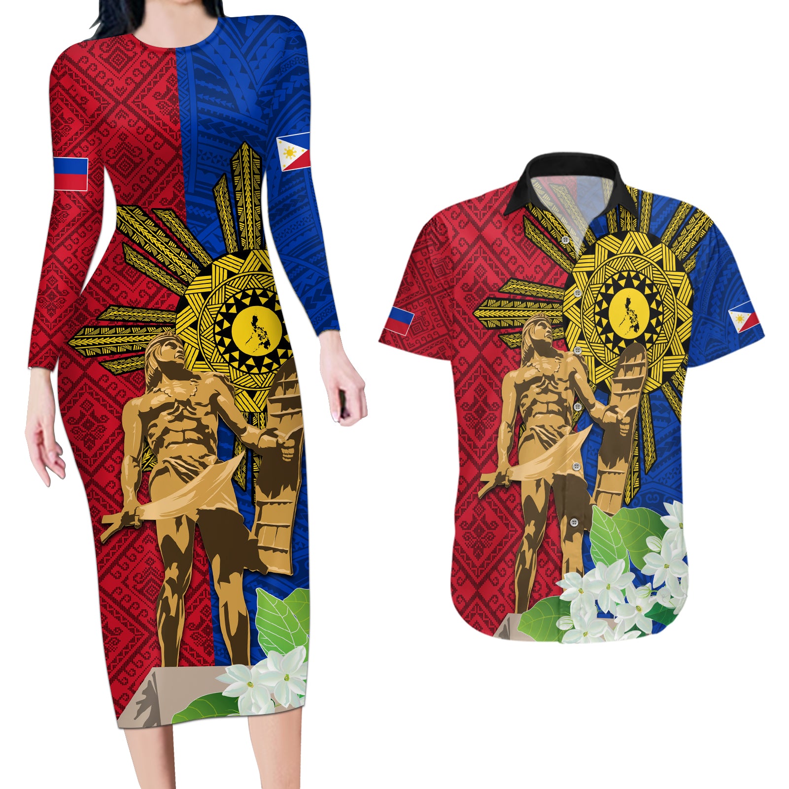 Philippines Lapu Lapu King Jasmine Flowers Couples Matching Long Sleeve Bodycon Dress and Hawaiian Shirt Filipino Sun Tattoo