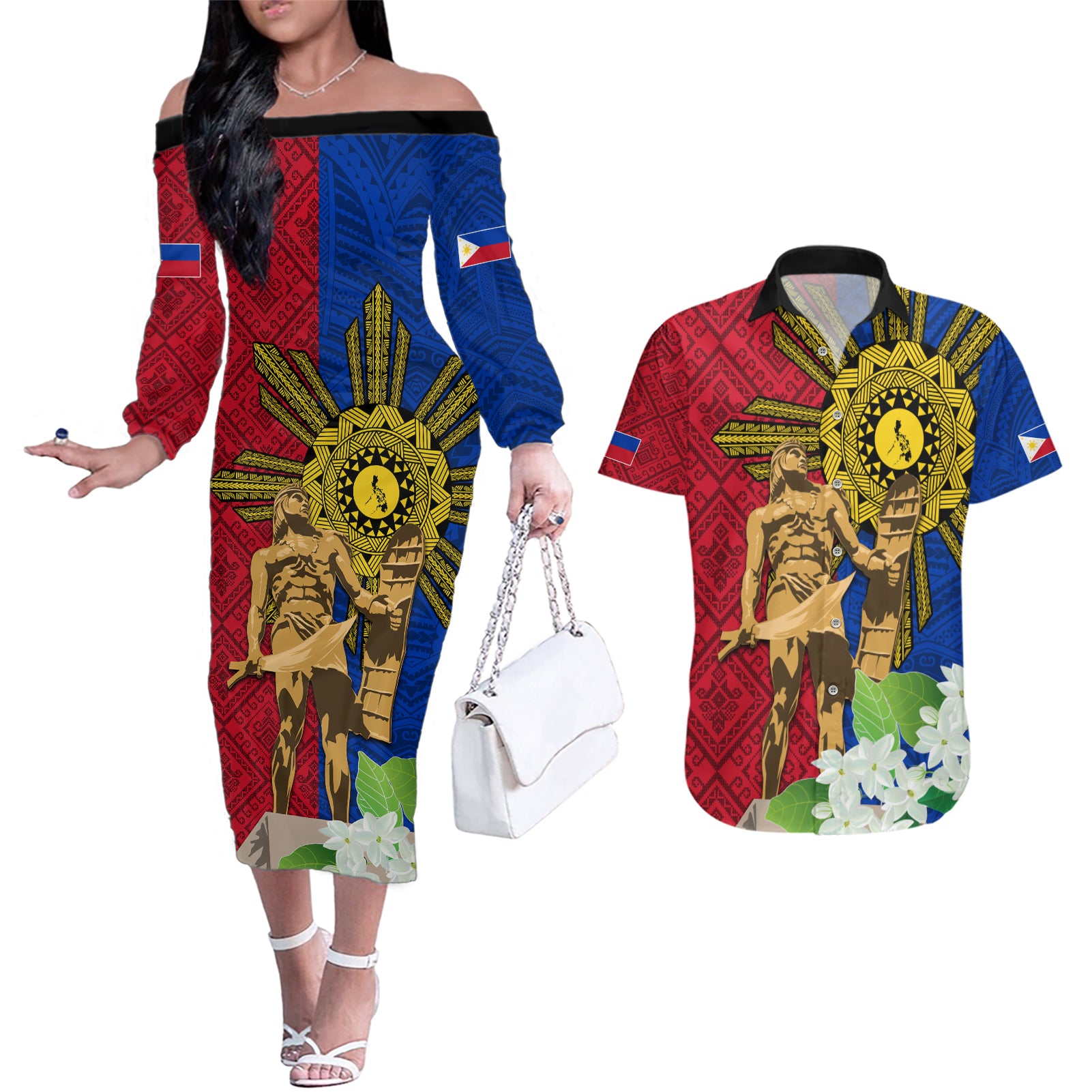 Philippines Lapu Lapu King Jasmine Flowers Couples Matching Off The Shoulder Long Sleeve Dress and Hawaiian Shirt Filipino Sun Tattoo