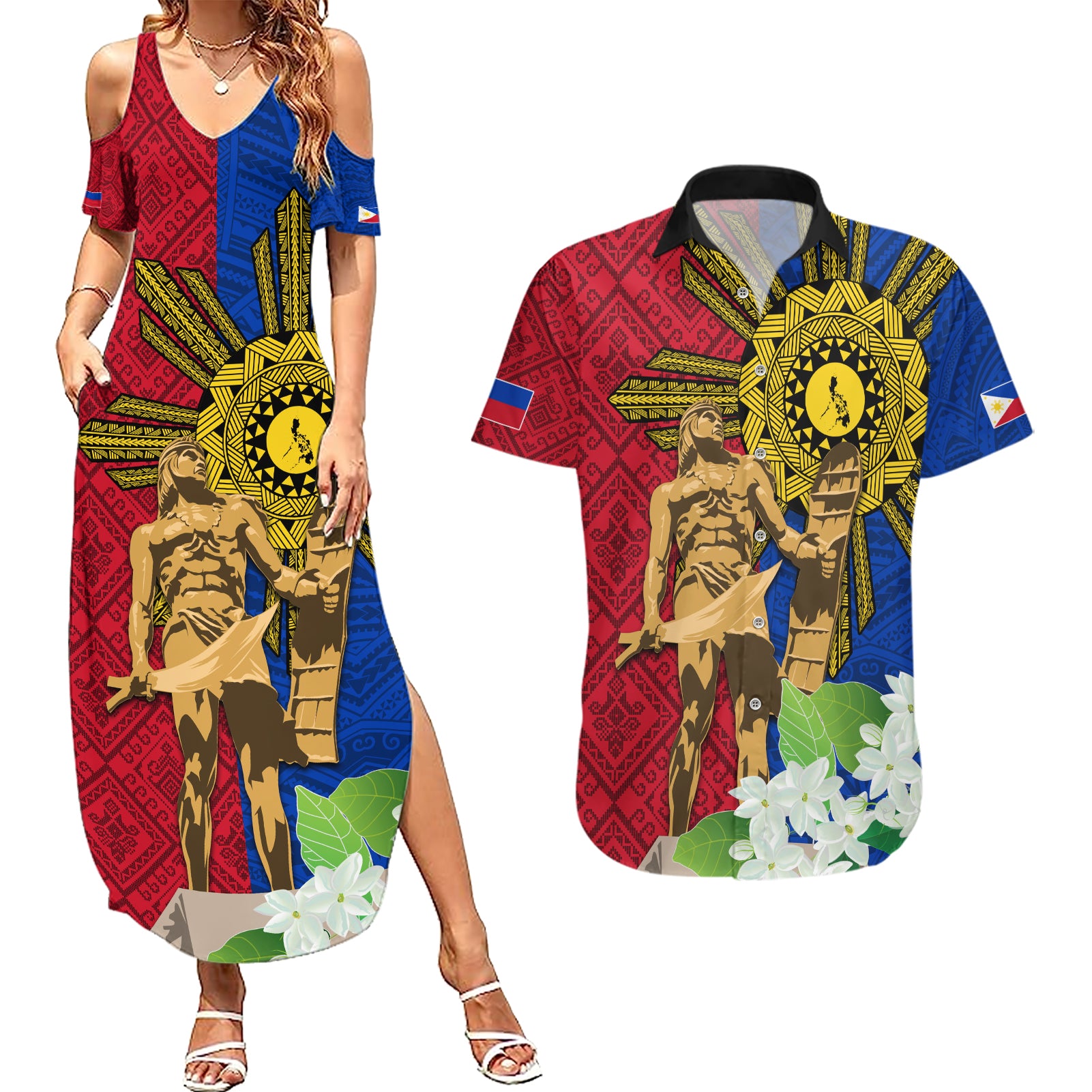 Philippines Lapu Lapu King Jasmine Flowers Couples Matching Summer Maxi Dress and Hawaiian Shirt Filipino Sun Tattoo