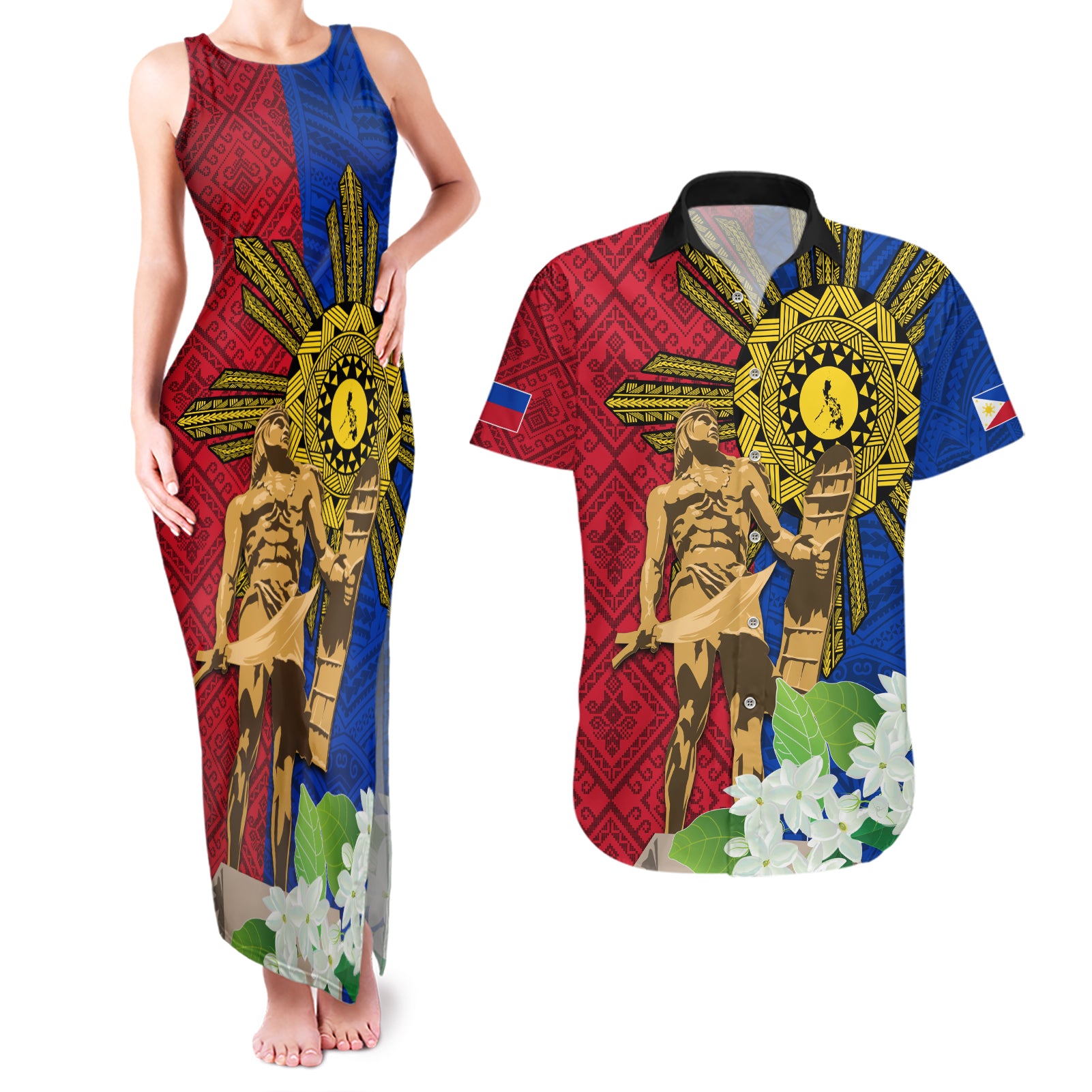 Philippines Lapu Lapu King Jasmine Flowers Couples Matching Tank Maxi Dress and Hawaiian Shirt Filipino Sun Tattoo