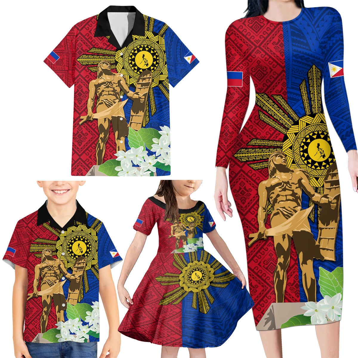 Philippines Lapu Lapu King Jasmine Flowers Family Matching Long Sleeve Bodycon Dress and Hawaiian Shirt Filipino Sun Tattoo