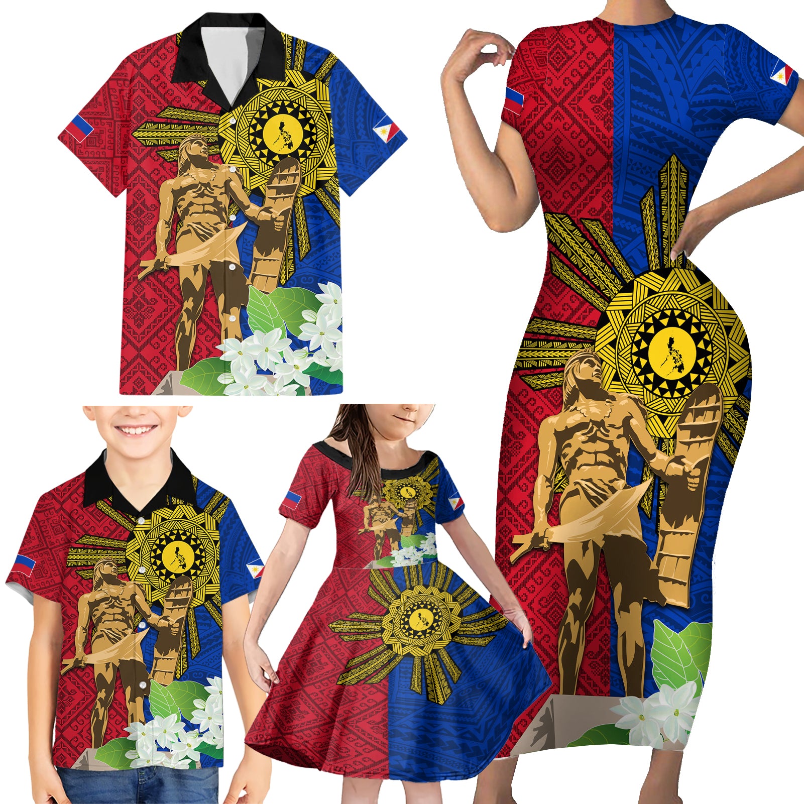 Philippines Lapu Lapu King Jasmine Flowers Family Matching Short Sleeve Bodycon Dress and Hawaiian Shirt Filipino Sun Tattoo