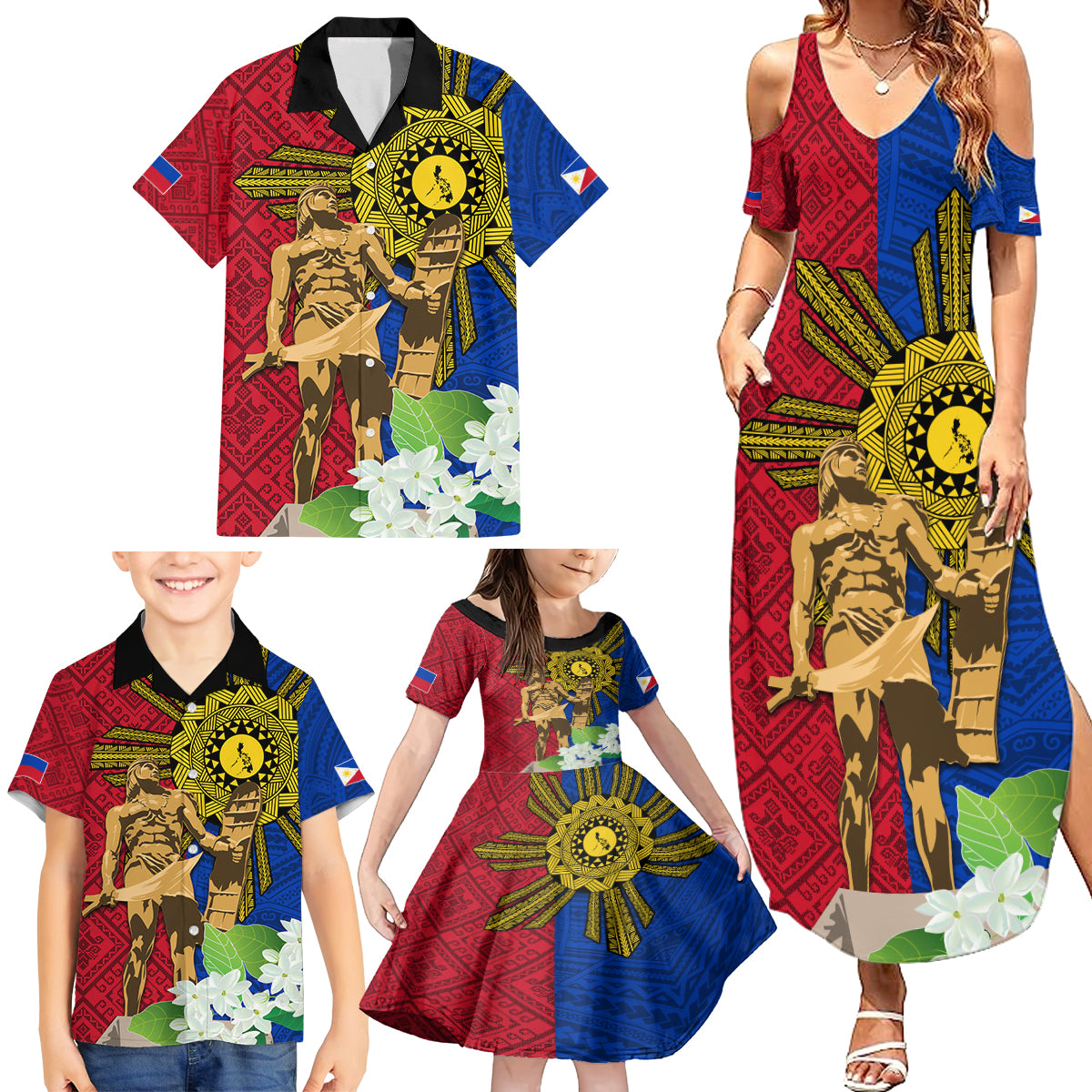 Philippines Lapu Lapu King Jasmine Flowers Family Matching Summer Maxi Dress and Hawaiian Shirt Filipino Sun Tattoo