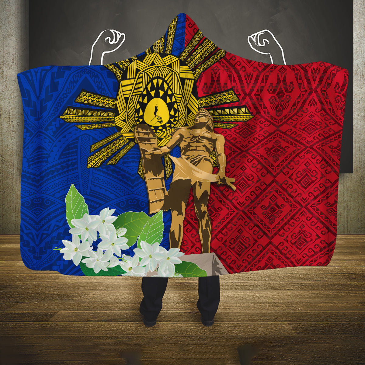 Philippines Lapu Lapu King Jasmine Flowers Hooded Blanket Filipino Sun Tattoo