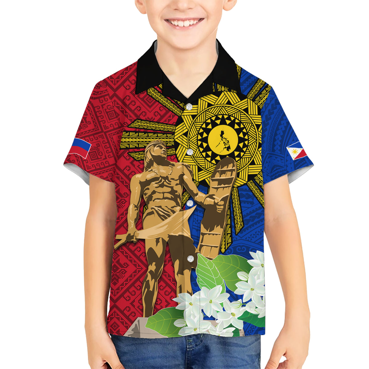 Philippines Lapu Lapu King Jasmine Flowers Kid Hawaiian Shirt Filipino Sun Tattoo LT03 Kid Red - Polynesian Pride