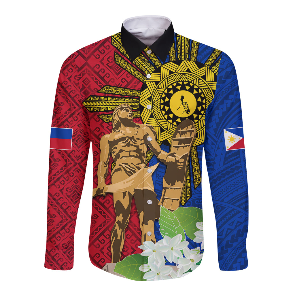 Philippines Lapu Lapu King Jasmine Flowers Long Sleeve Button Shirt Filipino Sun Tattoo LT03 Unisex Red - Polynesian Pride