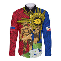 Philippines Lapu Lapu King Jasmine Flowers Long Sleeve Button Shirt Filipino Sun Tattoo LT03 Unisex Red - Polynesian Pride