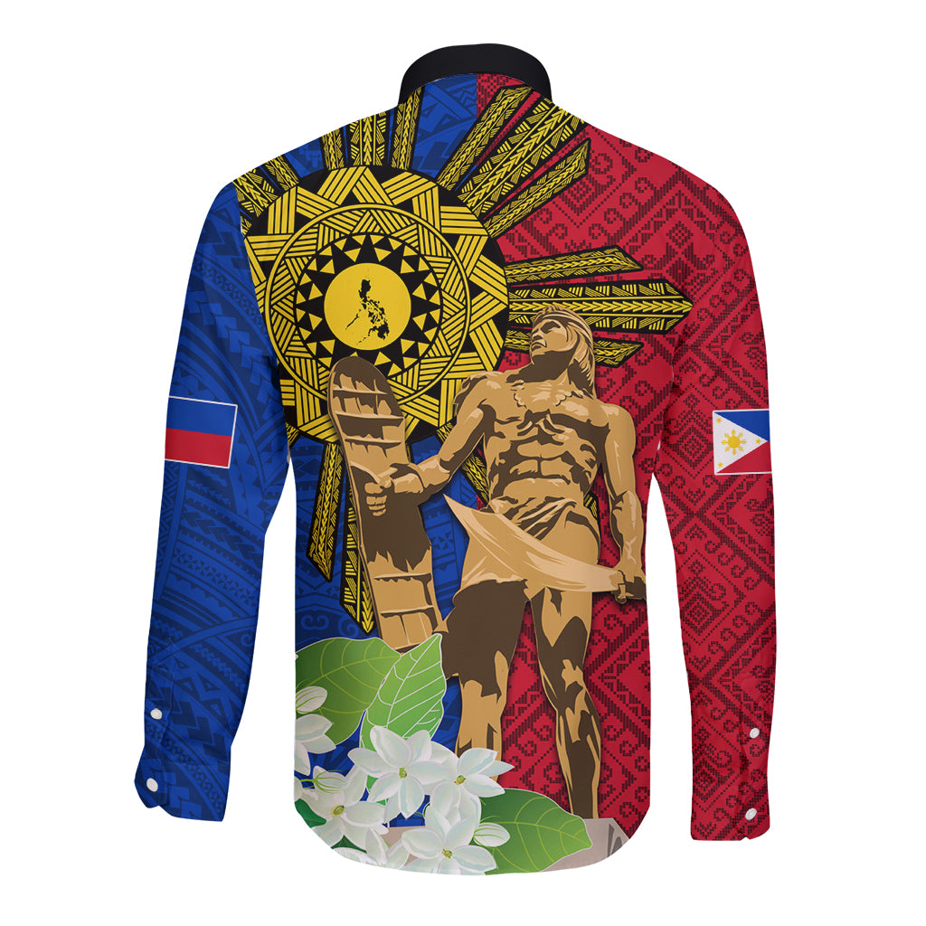 Philippines Lapu Lapu King Jasmine Flowers Long Sleeve Button Shirt Filipino Sun Tattoo LT03 - Polynesian Pride