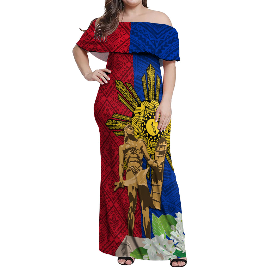 Philippines Lapu Lapu King Jasmine Flowers Off Shoulder Maxi Dress Filipino Sun Tattoo LT03 Women Red - Polynesian Pride