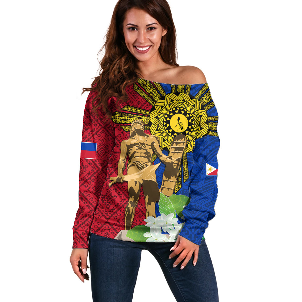 Philippines Lapu Lapu King Jasmine Flowers Off Shoulder Sweater Filipino Sun Tattoo LT03 Women Red - Polynesian Pride