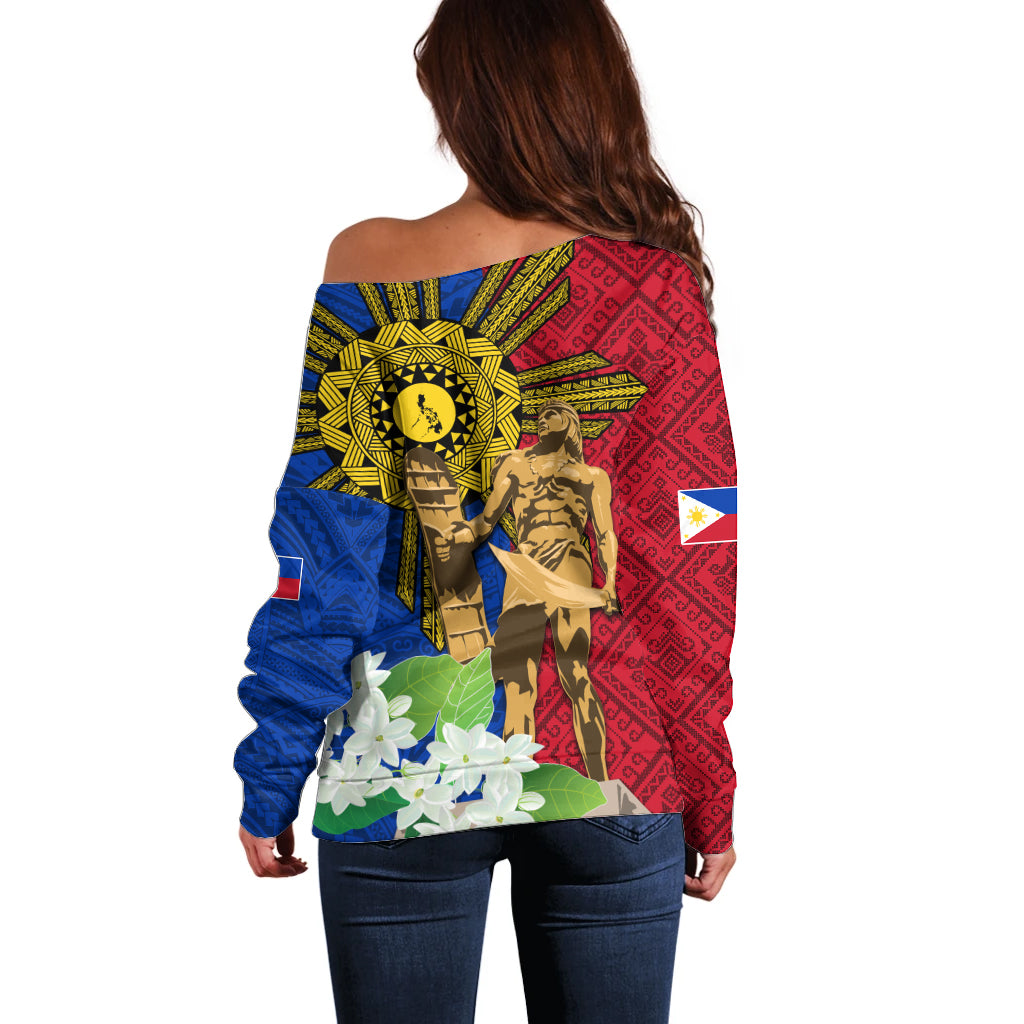 Philippines Lapu Lapu King Jasmine Flowers Off Shoulder Sweater Filipino Sun Tattoo LT03 - Polynesian Pride