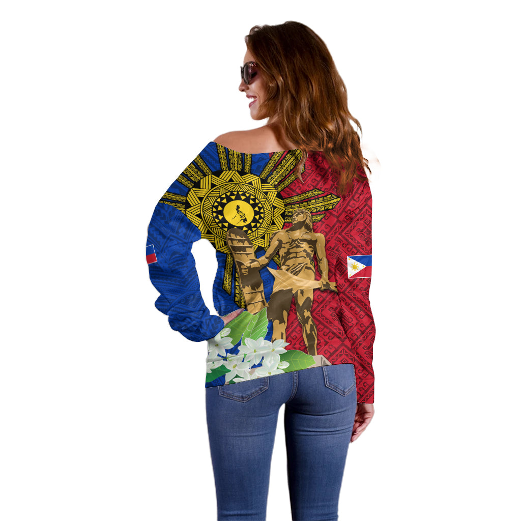 Philippines Lapu Lapu King Jasmine Flowers Off Shoulder Sweater Filipino Sun Tattoo LT03 - Polynesian Pride