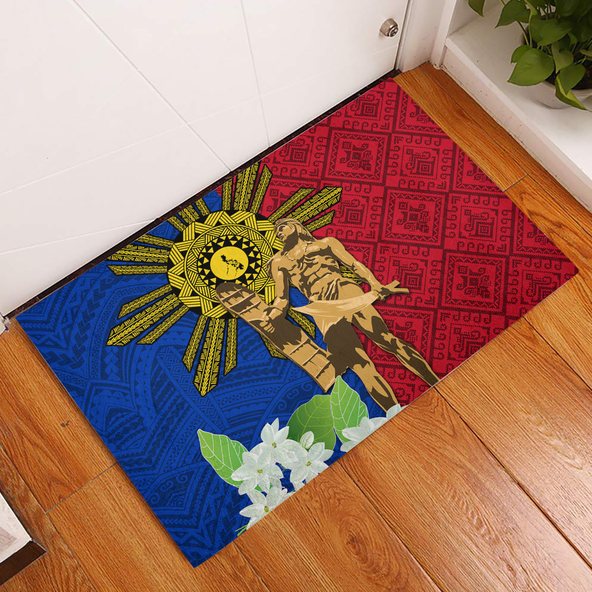 Philippines Lapu Lapu King Jasmine Flowers Rubber Doormat Filipino Sun Tattoo LT03 Red - Polynesian Pride