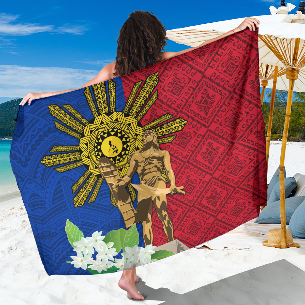 Philippines Lapu Lapu King Jasmine Flowers Sarong Filipino Sun Tattoo LT03 One Size 44 x 66 inches Red - Polynesian Pride