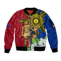 Philippines Lapu Lapu King Jasmine Flowers Sleeve Zip Bomber Jacket Filipino Sun Tattoo LT03 Unisex Red - Polynesian Pride