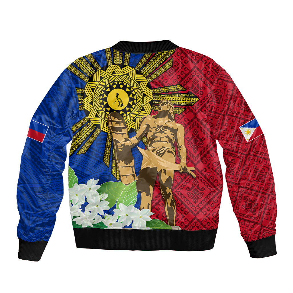 Philippines Lapu Lapu King Jasmine Flowers Sleeve Zip Bomber Jacket Filipino Sun Tattoo LT03 - Polynesian Pride