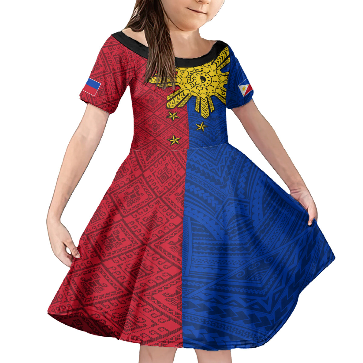 Philippines Sun Batok Tattoo Kid Short Sleeve Dress Polynesian and Yakan Pattern LT03 KID Red - Polynesian Pride