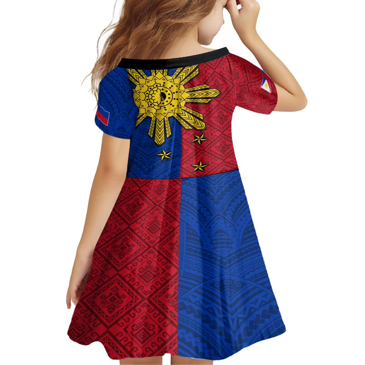 Philippines Sun Batok Tattoo Kid Short Sleeve Dress Polynesian and Yakan Pattern LT03 - Polynesian Pride