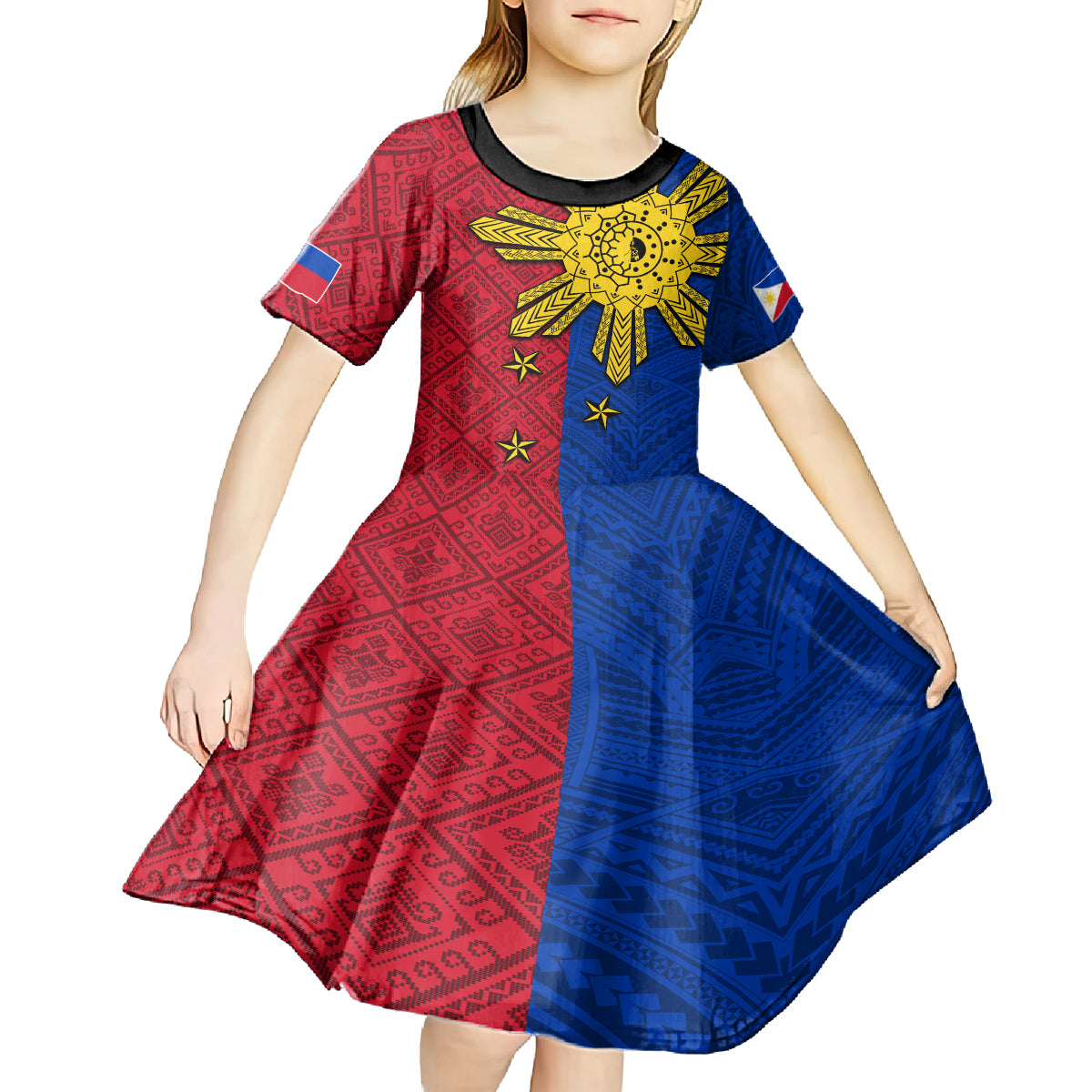 Philippines Sun Batok Tattoo Kid Short Sleeve Dress Polynesian and Yakan Pattern LT03 - Polynesian Pride