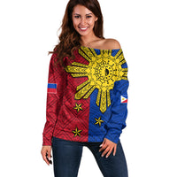 Philippines Sun Batok Tattoo Off Shoulder Sweater Polynesian and Yakan Pattern LT03 Women Red - Polynesian Pride
