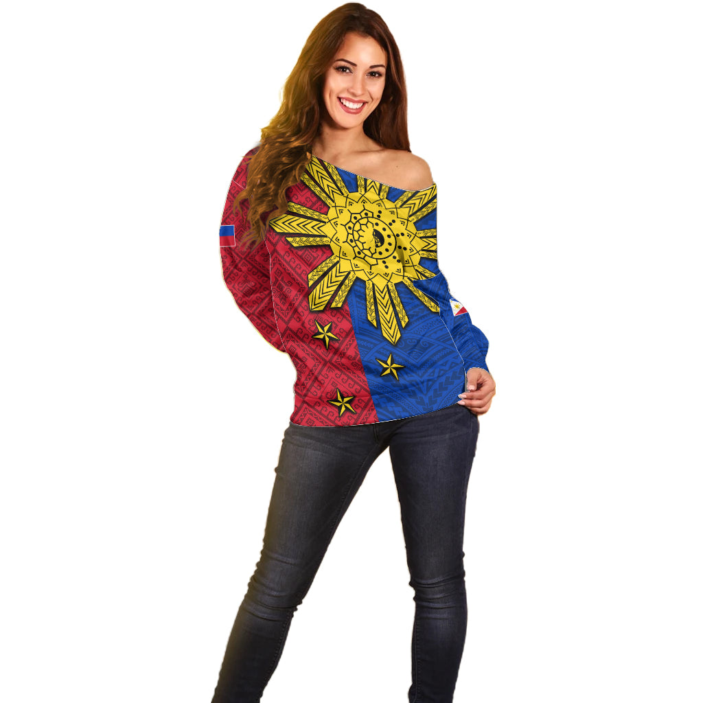 Philippines Sun Batok Tattoo Off Shoulder Sweater Polynesian and Yakan Pattern LT03 - Polynesian Pride