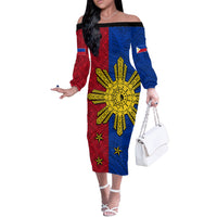 Philippines Sun Batok Tattoo Off The Shoulder Long Sleeve Dress Polynesian and Yakan Pattern LT03 Women Red - Polynesian Pride