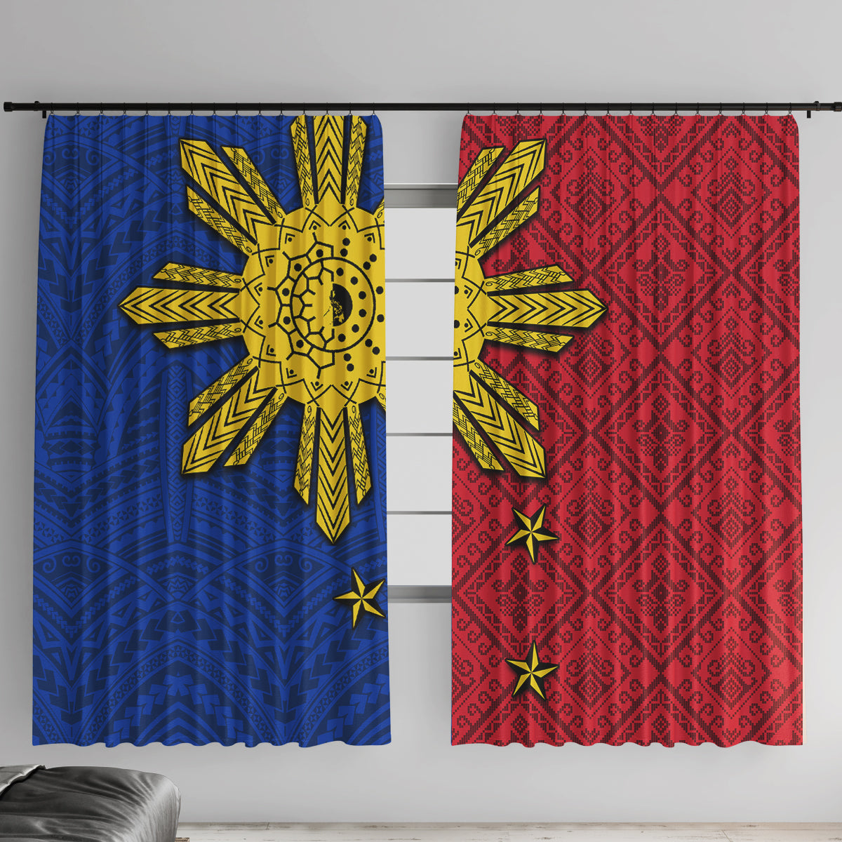 Philippines Sun Batok Tattoo Window Curtain Polynesian and Yakan Pattern LT03 With Hooks Red - Polynesian Pride