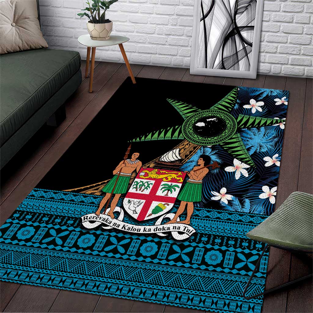 Fiji Day Area Rug Palm Tree With Plumeria Tapa Tribal Pattern LT03 Blue - Polynesian Pride