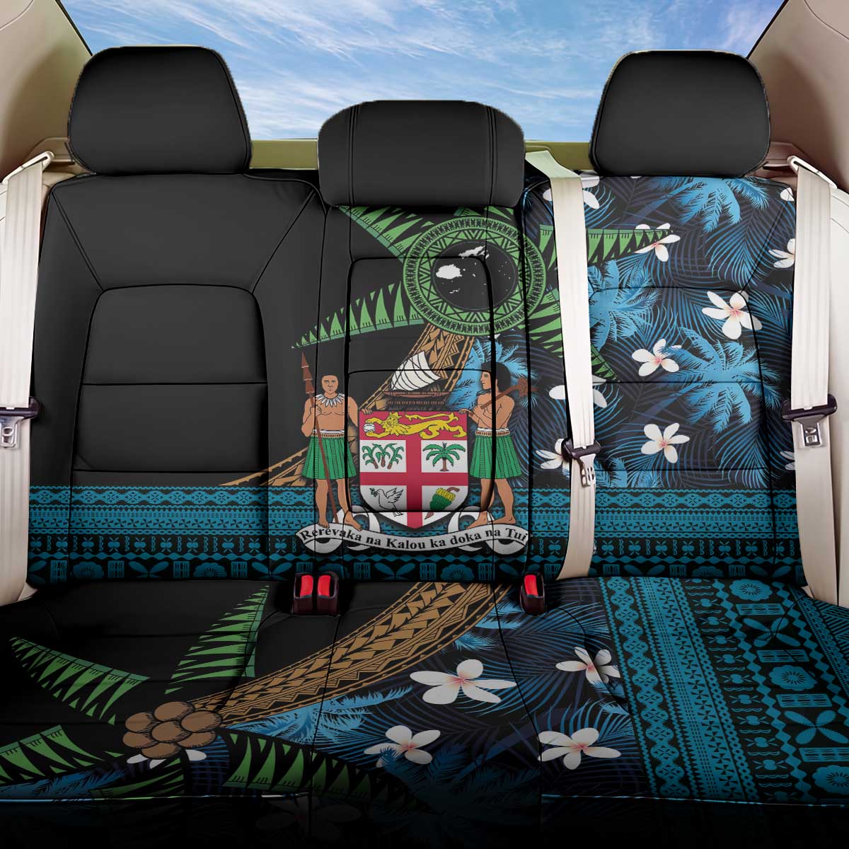 Fiji Day Back Car Seat Cover Palm Tree With Plumeria Tapa Tribal Pattern LT03 One Size Blue - Polynesian Pride