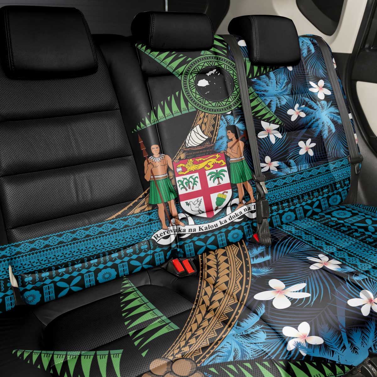 Fiji Day Back Car Seat Cover Palm Tree With Plumeria Tapa Tribal Pattern LT03 - Polynesian Pride