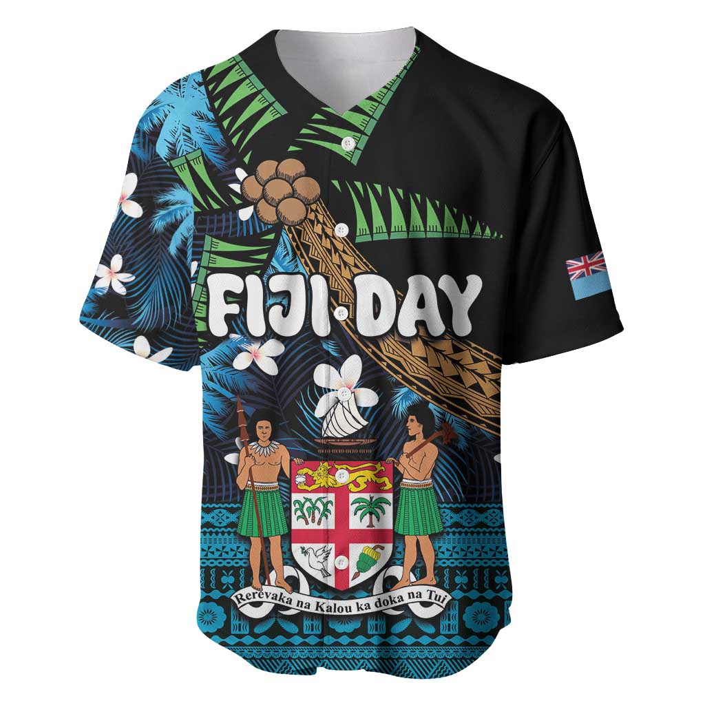 Fiji Day Baseball Jersey Palm Tree With Plumeria Tapa Tribal Pattern LT03 Blue - Polynesian Pride