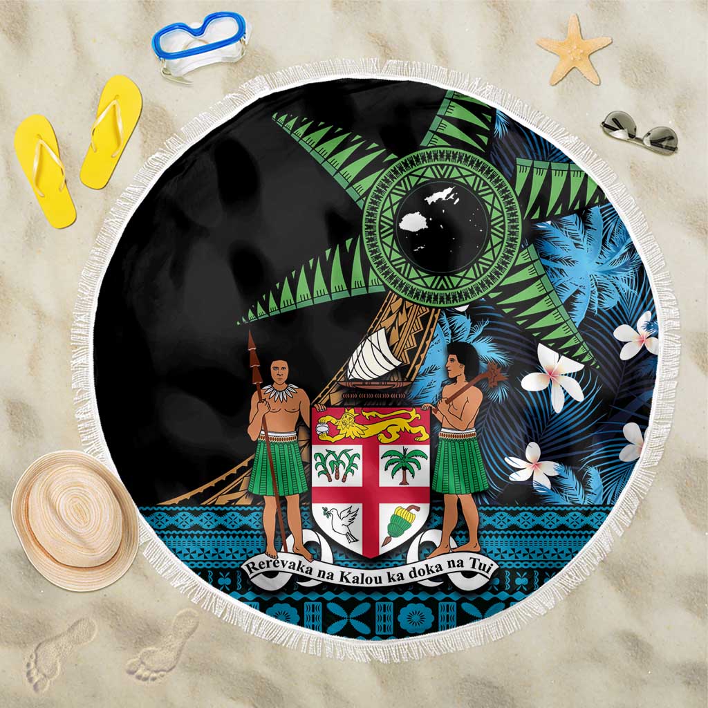 Fiji Day Beach Blanket Palm Tree With Plumeria Tapa Tribal Pattern LT03 One Size 150cm Blue - Polynesian Pride