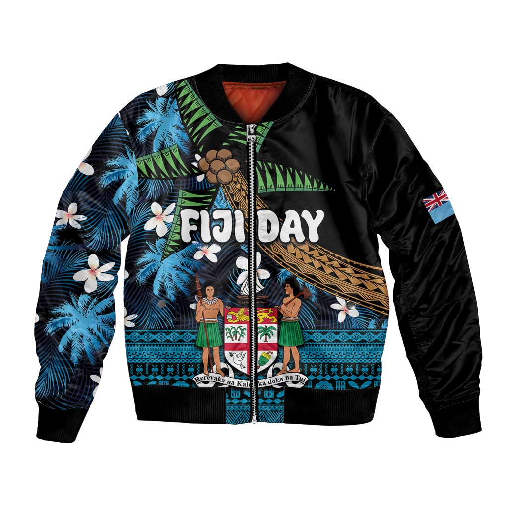 Fiji Day Bomber Jacket Palm Tree With Plumeria Tapa Tribal Pattern LT03 Unisex Blue - Polynesian Pride