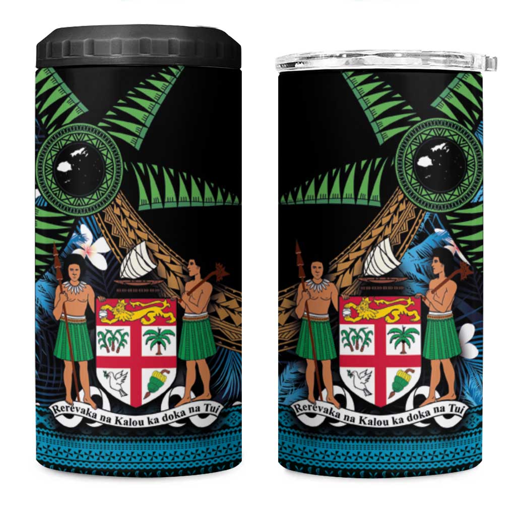 Fiji Day 4 in 1 Can Cooler Tumbler Palm Tree With Plumeria Tapa Tribal Pattern LT03 One Size: 16 oz Blue - Polynesian Pride