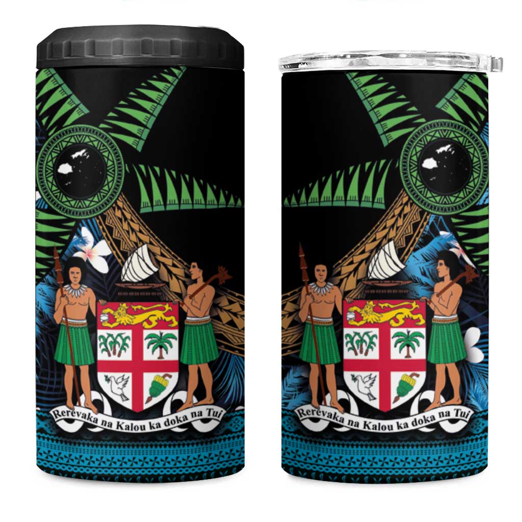 Fiji Day 4 in 1 Can Cooler Tumbler Palm Tree With Plumeria Tapa Tribal Pattern