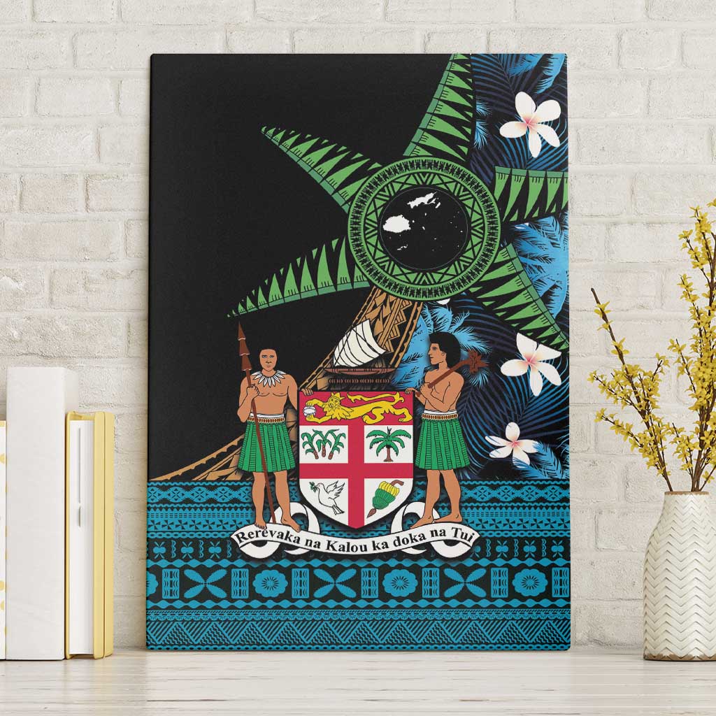 Fiji Day Canvas Wall Art Palm Tree With Plumeria Tapa Tribal Pattern LT03 Without Frame Blue - Polynesian Pride
