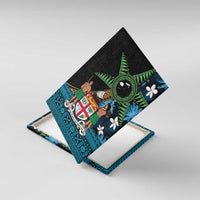 Fiji Day Canvas Wall Art Palm Tree With Plumeria Tapa Tribal Pattern LT03 With Frame Blue - Polynesian Pride