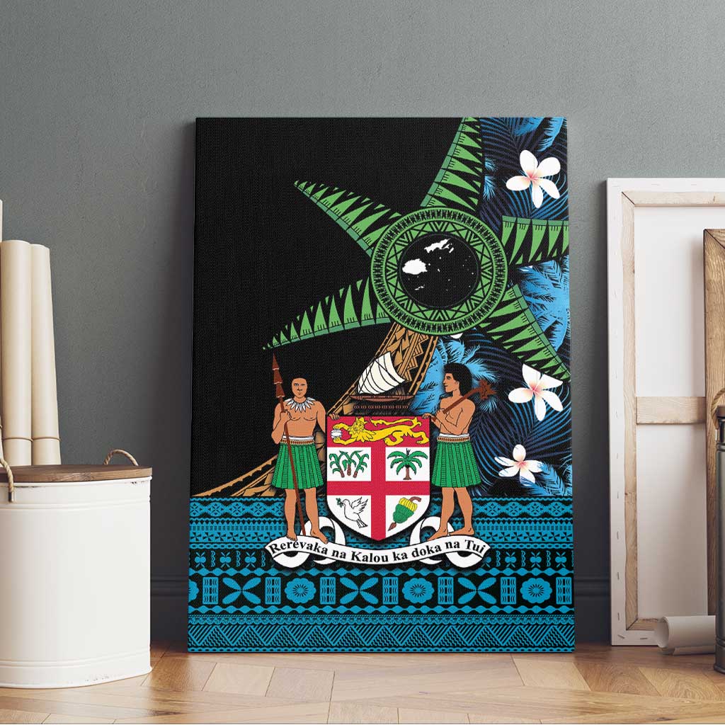 Fiji Day Canvas Wall Art Palm Tree With Plumeria Tapa Tribal Pattern LT03 - Polynesian Pride