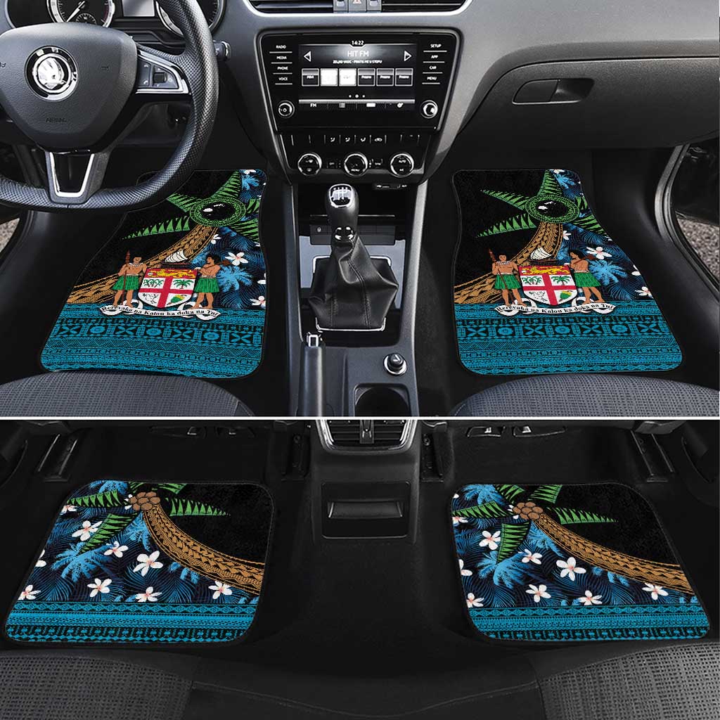 Fiji Day Car Mats Palm Tree With Plumeria Tapa Tribal Pattern LT03 Set 4pcs Blue - Polynesian Pride