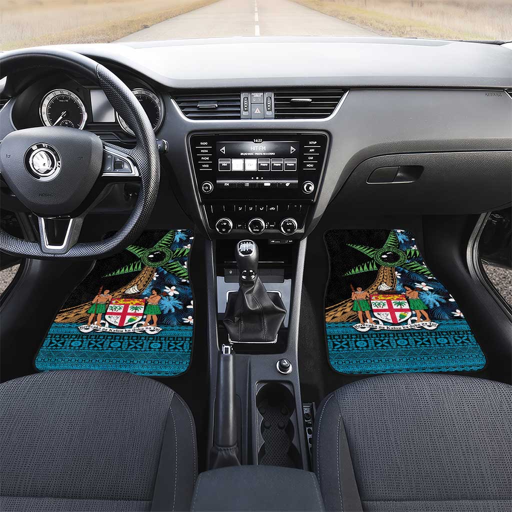 Fiji Day Car Mats Palm Tree With Plumeria Tapa Tribal Pattern LT03 Set 2pcs - Front Blue - Polynesian Pride