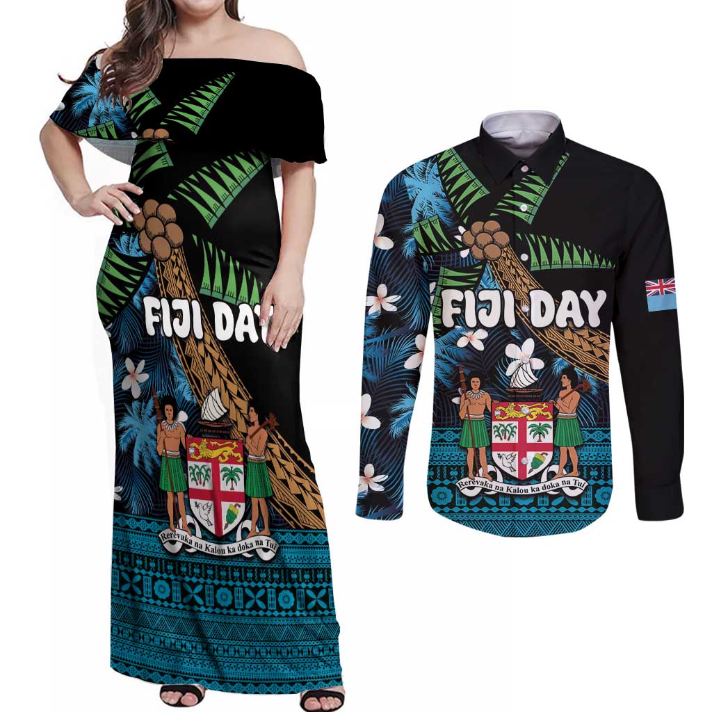 Fiji Day Couples Matching Off Shoulder Maxi Dress and Long Sleeve Button Shirt Palm Tree With Plumeria Tapa Tribal Pattern LT03 Blue - Polynesian Pride