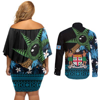 Fiji Day Couples Matching Off Shoulder Short Dress and Long Sleeve Button Shirt Palm Tree With Plumeria Tapa Tribal Pattern LT03 - Polynesian Pride