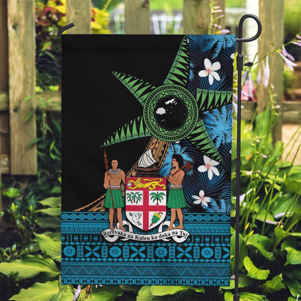 Fiji Day Garden Flag Palm Tree With Plumeria Tapa Tribal Pattern LT03 Garden Flag Blue - Polynesian Pride