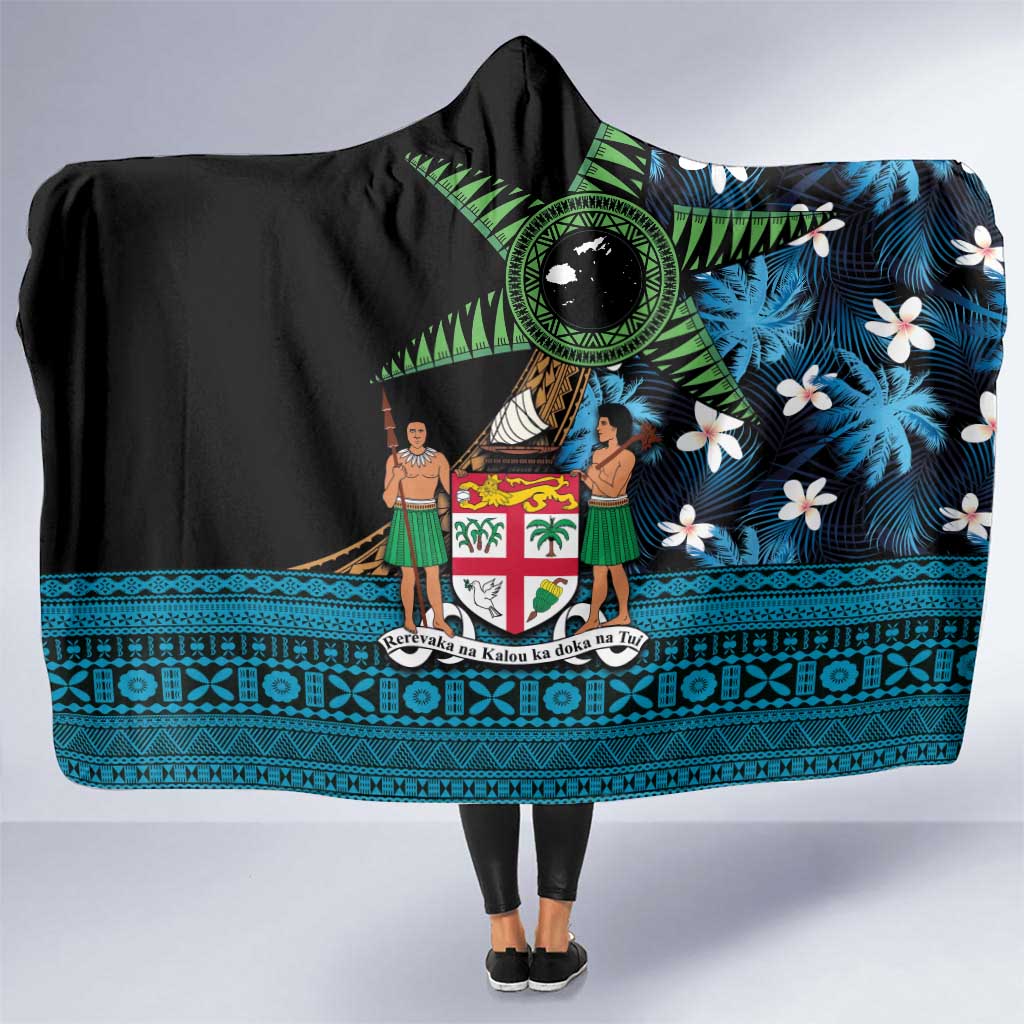 Fiji Day Hooded Blanket Palm Tree With Plumeria Tapa Tribal Pattern LT03 One Size Blue - Polynesian Pride