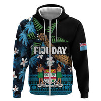 Fiji Day Hoodie Palm Tree With Plumeria Tapa Tribal Pattern LT03 Zip Hoodie Blue - Polynesian Pride