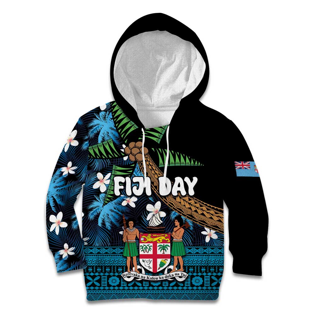 Fiji Day Kid Hoodie Palm Tree With Plumeria Tapa Tribal Pattern LT03 Hoodie Blue - Polynesian Pride