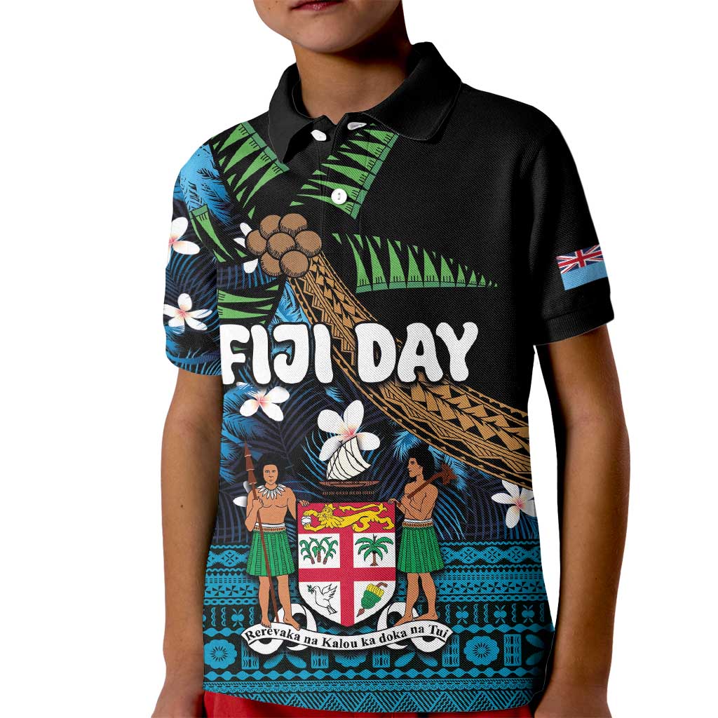 Fiji Day Kid Polo Shirt Palm Tree With Plumeria Tapa Tribal Pattern LT03 Kid Blue - Polynesian Pride