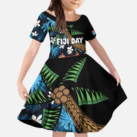 Fiji Day Kid Short Sleeve Dress Palm Tree With Plumeria Tapa Tribal Pattern LT03 KID Blue - Polynesian Pride