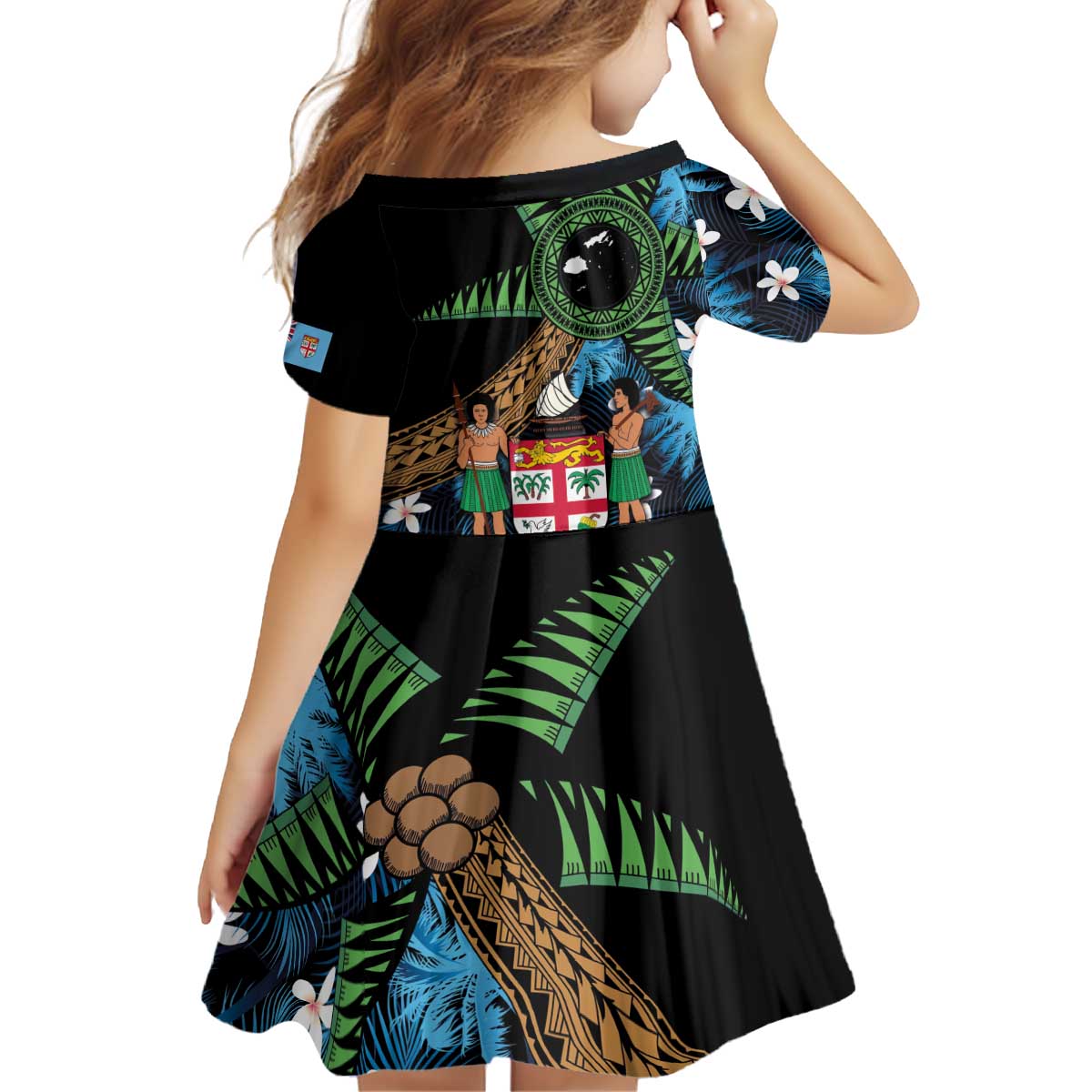 Fiji Day Kid Short Sleeve Dress Palm Tree With Plumeria Tapa Tribal Pattern LT03 - Polynesian Pride