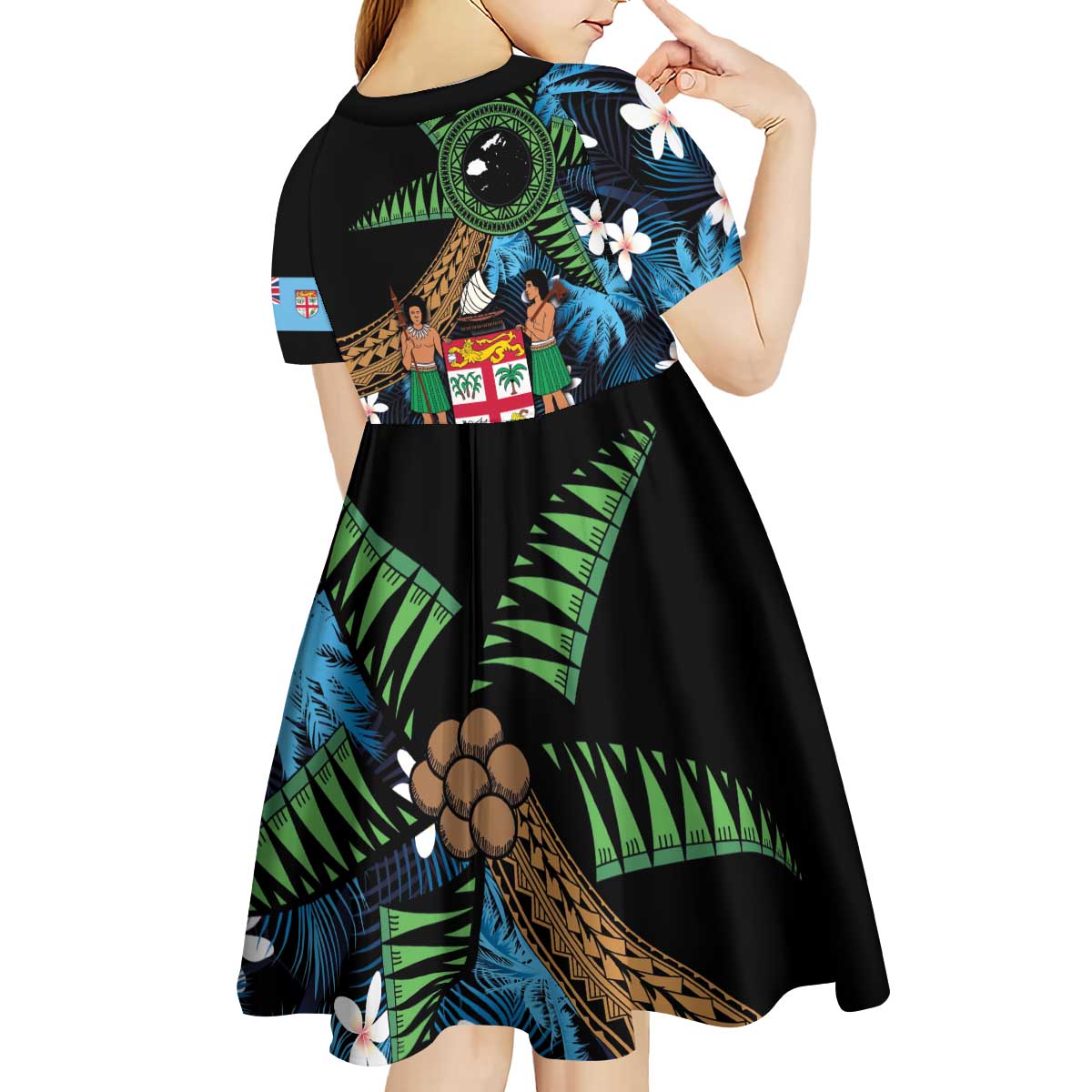 Fiji Day Kid Short Sleeve Dress Palm Tree With Plumeria Tapa Tribal Pattern LT03 - Polynesian Pride
